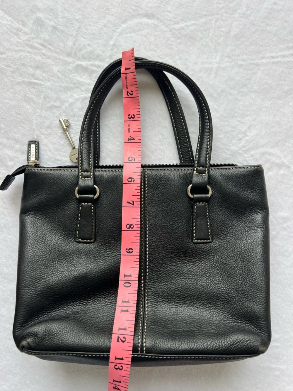 Fossil Black Leather Women Tote Satchel HandBag Purse 75082 Key Charm